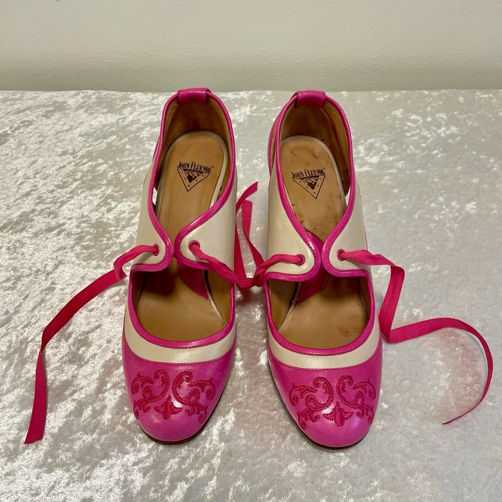 John Fluevog Vibrant Pink and Cream Heels